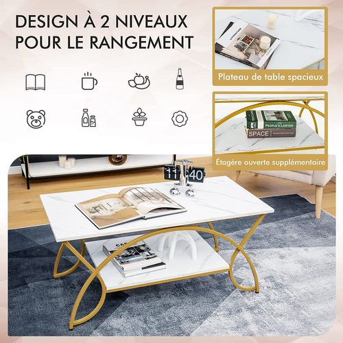 Table Basse Imprimée Marbre à 2 Niveaux 100 X 50 X 45 Cm, Coussinets De Pied Réglables