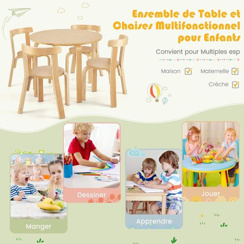 Table D'enfant Ronde Avec 4 Chaises Pour Enfants 4 Ans +, Style Scandinave, Naturel