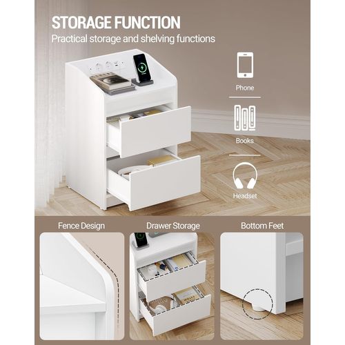Tables De Chevet Avec Lumières LED,table D'appoint Avec Ports USB Et Prises Électriques, Blanc