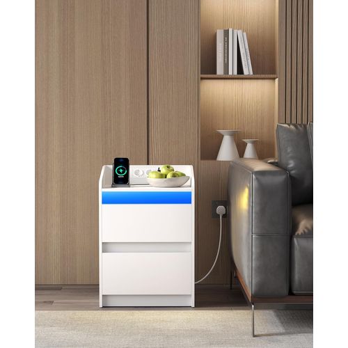 Tables De Chevet Avec Lumières LED,table D'appoint Avec Ports USB Et Prises Électriques, Blanc