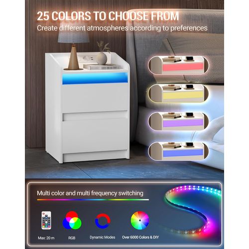 Tables De Chevet Avec Lumières LED,table D'appoint Avec Ports USB Et Prises Électriques, Blanc