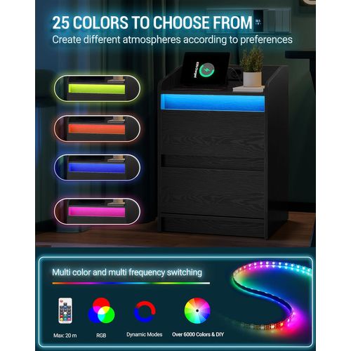 Tables De Chevet Avec Lumières LED,table D'appoint Avec Ports USB Et Prises Électriques, Noir