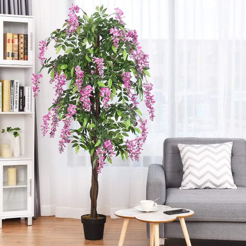 Arbre Artificiel Plante Artificielle En Pot Avec Fausses Fleurs Roses, Wisteria 180cm