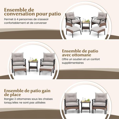 Ensemble De Meubles De Patio 5 Pièces, Salon De Jardin En Rotin Avec 2 Chaises 2 Poufs Et 1 Table