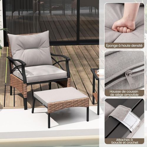 Ensemble De Meubles De Patio 5 Pièces, Salon De Jardin En Rotin Avec 2 Chaises 2 Poufs Et 1 Table