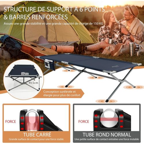 Lit De Camp Pliable 1 Personne, Lit De Camping En Tissu Oxford Avec Cadre En Métal, 190 X 67 X 42 Cm