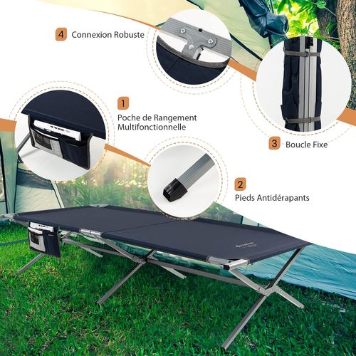 Lit De Camp Pliable 1 Personne, Lit De Camping En Tissu Oxford Avec Cadre En Métal, 190 X 67 X 42 Cm