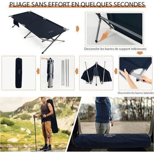Lit De Camp Pliable 1 Personne, Lit De Camping En Tissu Oxford Avec Cadre En Métal, 190 X 67 X 42 Cm