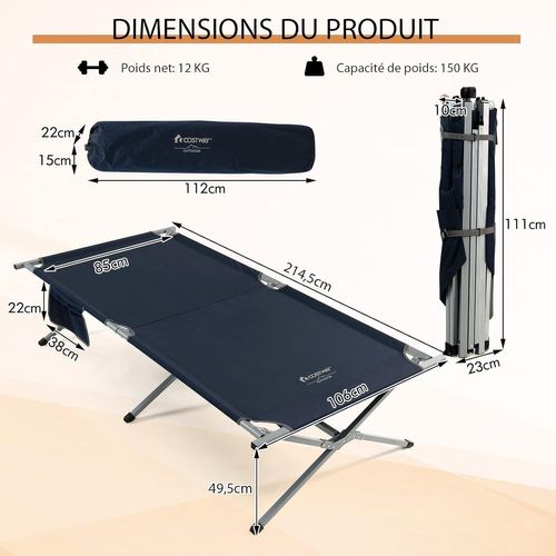 Lit De Camp Pliable 1 Personne, Lit De Camping En Tissu Oxford Avec Cadre En Métal, 190 X 67 X 42 Cm
