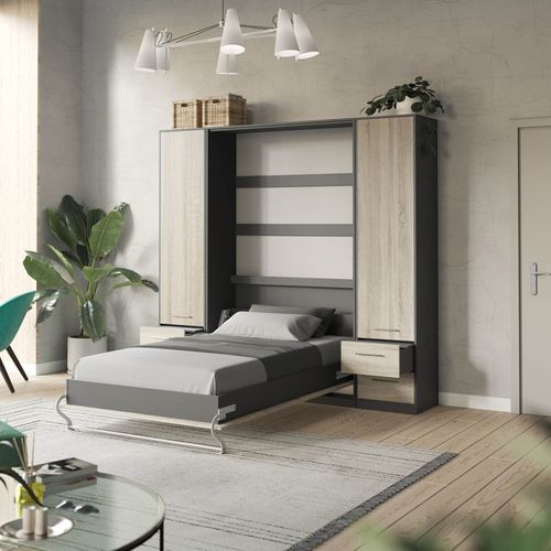 Lit Escamotable +2 Placards V 120x200+(50x2)cm Standard Anthracite/chêne Sonoma