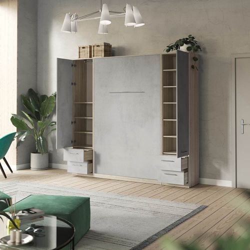 Lit Escamotable +2 Placards V 120x200+(50x2)cm Standard Chêne Sonoma/béton