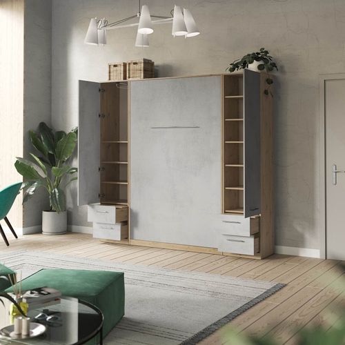 Lit Escamotable +2 Placards V 120x200+(50x2)cm Standard Chêne Sauvage/béton