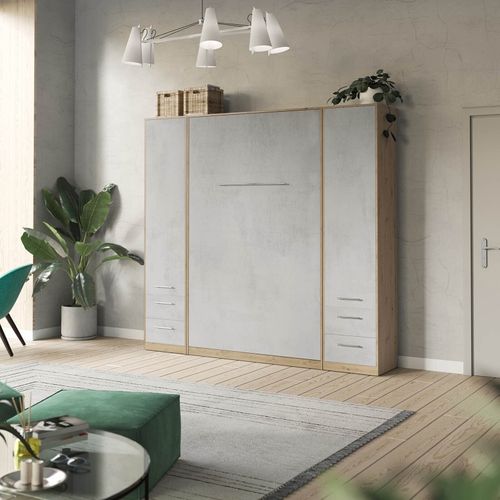 Lit Escamotable +2 Placards V 120x200+(50x2)cm Standard Chêne Sauvage/béton