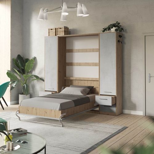 Lit Escamotable +2 Placards V 120x200+(50x2)cm Standard Chêne Sauvage/béton