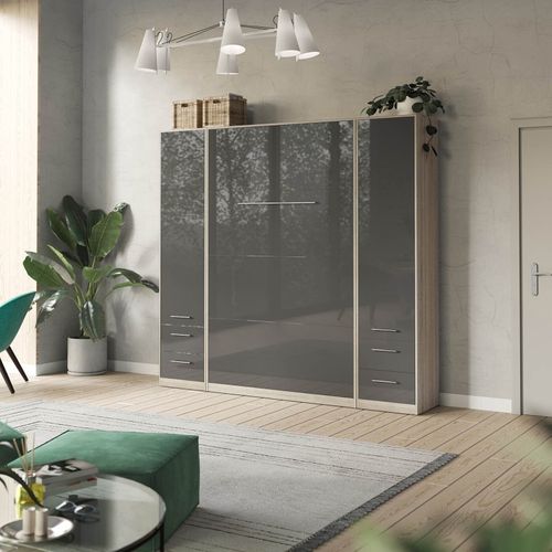 Lit Escamotable +2 Placards V 120x200+(50x2)cm Standard Chêne Sonoma/anthracite Brillant