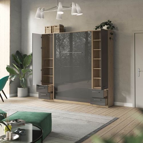 Lit Escamotable +2 Placards V 120x200+(50x2)cm Standard Chêne Sauvage/anthracite Brillant