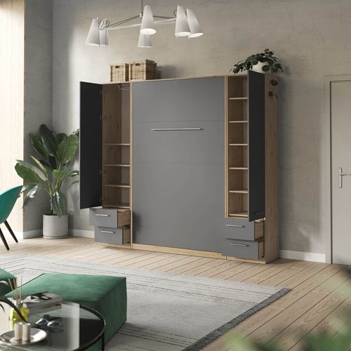 Lit Escamotable +2 Placards V 140x200+(50x2)cm Standard Chêne Sauvage/anthracite