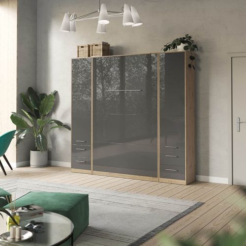 Lit Escamotable +2 Placards V 140x200+(50x2)cm Standard Chêne Sauvage/anthracite Brillant