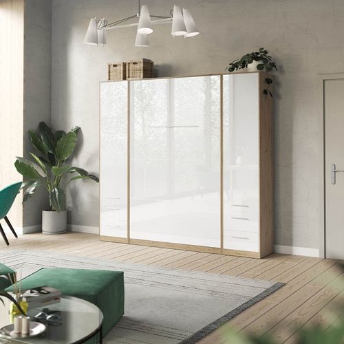 Lit Escamotable +2 Placards V 140x200+(50x2)cm Standard Chêne Sauvage/blanc Brillant