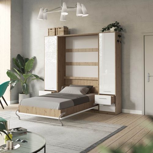 Lit Escamotable +2 Placards V 140x200+(50x2)cm Standard Chêne Sauvage/blanc Brillant