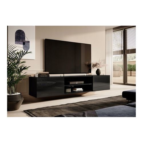 Meuble TV Noir Brillant 200x37x40 Cm Slika K à Suspendre Meuble Hi-fi 2 Portes Commode