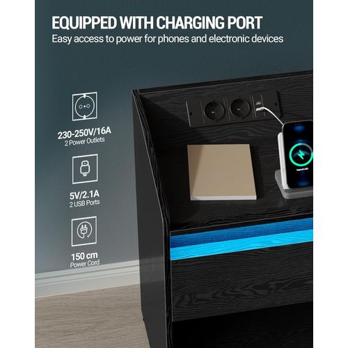 Table De Nuit Avec Lumière LED,1 Tiroir De Rangement Table De Chevet Pour Chambre,salon,noir