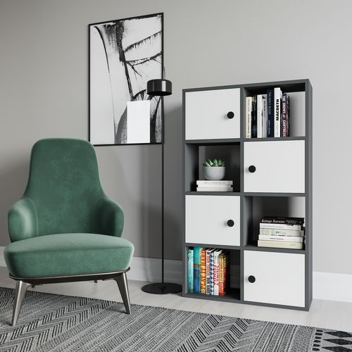 Tasso 123 Cm H Bibliothèque 3 Étagères Ouvertes  3 Armoires Dos Nu Rangement (anthracite Et Blanc)