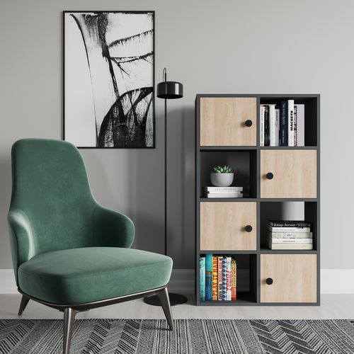 Tasso 123 Cm H Bibliothèque 3 Étagères Ouvertes 3 Armoires Dos Nu Rangement (anthracite Et Chêne)