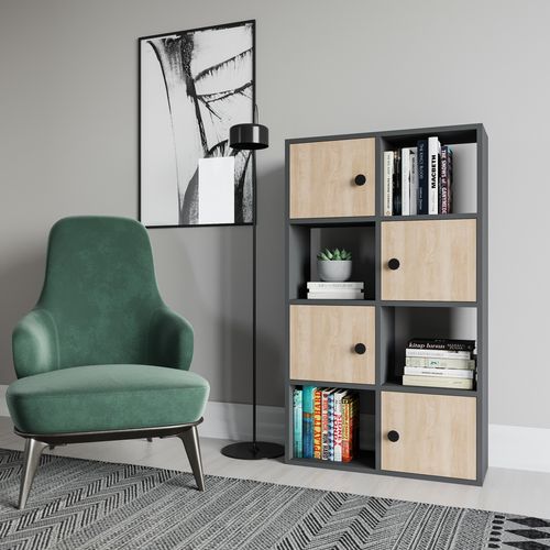 Tasso 123 Cm H Bibliothèque 3 Étagères Ouvertes 3 Armoires Dos Nu Rangement (anthracite Et Chêne)