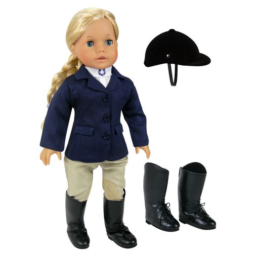 Ensemble D'équitation Pour Poupée Veste Bleu Marine, Bottes Classiques Hautes Et Cashet