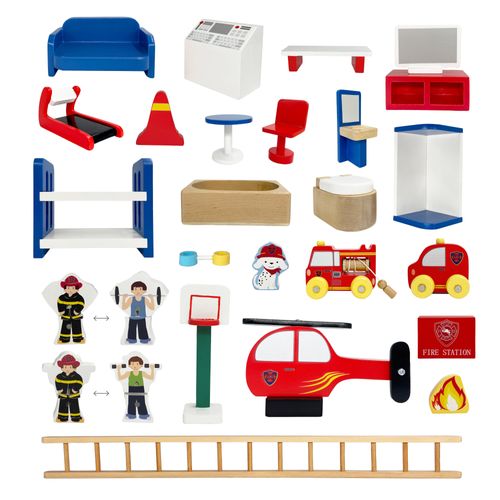 Caserne De Pompiers En Bois, Jeu Imaginatif Avec 24 Figurines, Multicolore