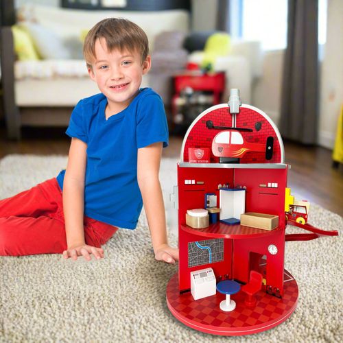 Caserne De Pompiers En Bois, Jeu Imaginatif Avec 24 Figurines, Multicolore