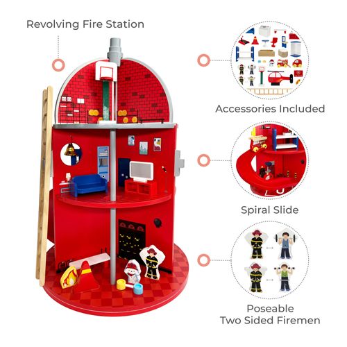 Caserne De Pompiers En Bois, Jeu Imaginatif Avec 24 Figurines, Multicolore