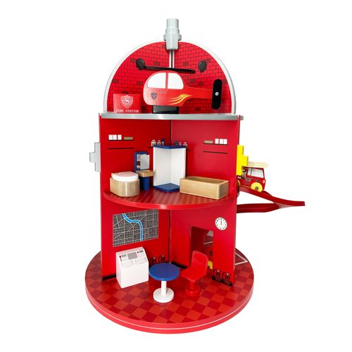 Caserne De Pompiers En Bois, Jeu Imaginatif Avec 24 Figurines, Multicolore