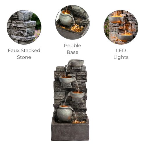 Fontaine Cascade 4 Niveaux Pierre Grise Extérieur LED