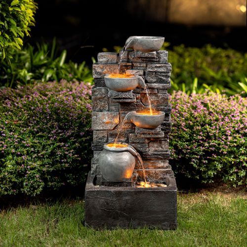 Fontaine Cascade 4 Niveaux Pierre Grise Extérieur LED