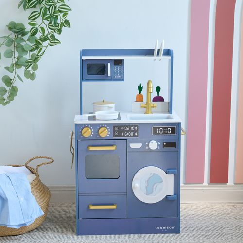 Cuisine Bois Enfant Potager Et Machine à Laver, Bleu, 79.2cm