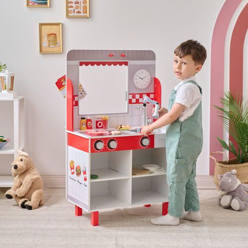 Burger Shop En Bois Pour Enfant Avec Grill Friteuse, Rouge