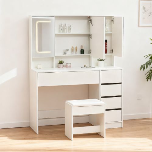 Coiffeuse Avec Miroir LED 3 Couleurs, Grand Format, 5 Tiroirs Et Rangement Intégré Derrière Le Miroi