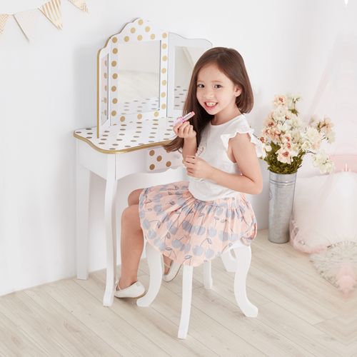 Coiffeuse Enfant En Bois Avec Miroir Tabouret Blanc