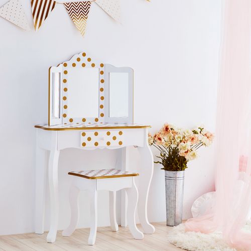 Coiffeuse Enfant En Bois Avec Miroir Tabouret Blanc
