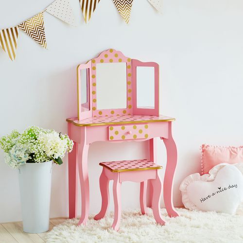 Coiffeuse Enfant Tabouret Miroir En Bois Rose Fantasy Fields Teamson