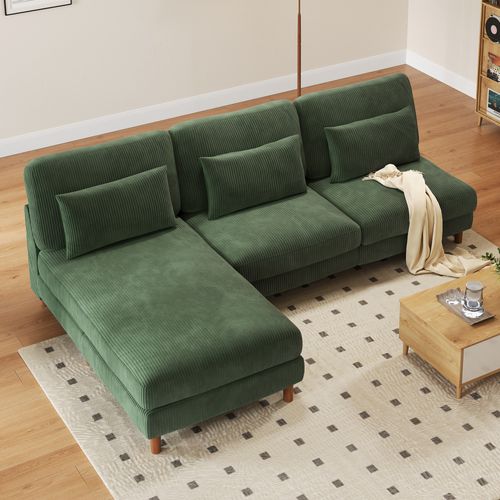 Canapé Scandinave 3 Places + Chaise Longue En Velours Côtelé Vert