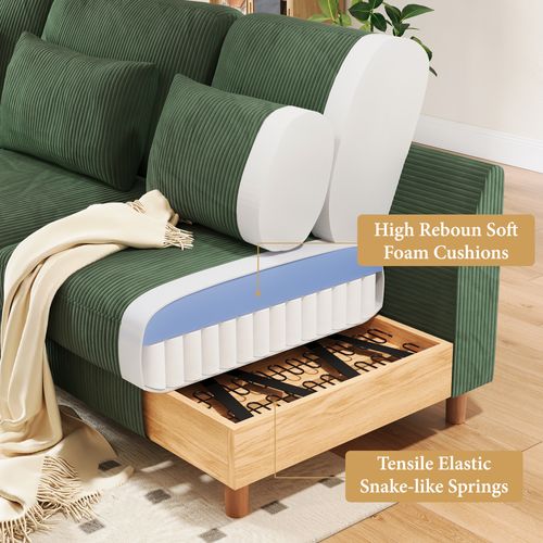 Canapé Scandinave 3 Places + Chaise Longue En Velours Côtelé Vert