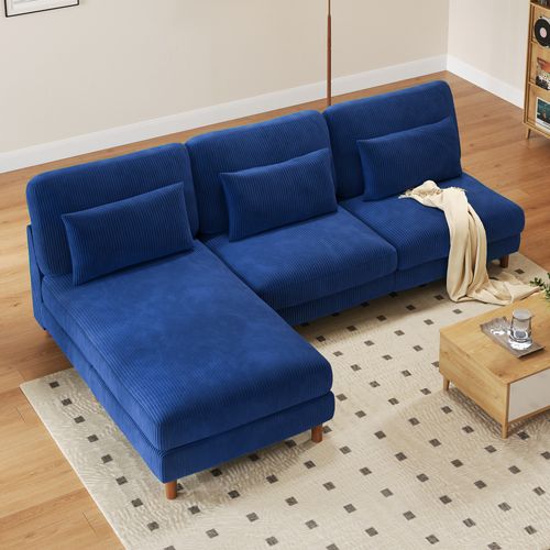 Canapé D'angle 3 Places + Chaise Longue En Velours Côtelé Bleu,pieds En Noyer