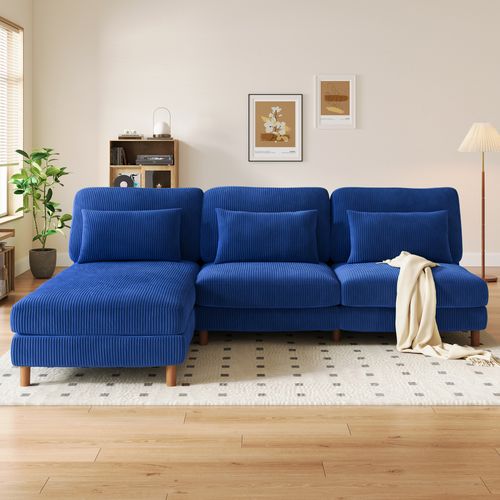 Canapé D'angle 3 Places + Chaise Longue En Velours Côtelé Bleu,pieds En Noyer
