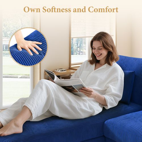 Canapé D'angle 3 Places + Chaise Longue En Velours Côtelé Bleu,pieds En Noyer