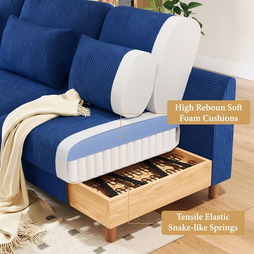 Canapé D'angle 3 Places + Chaise Longue En Velours Côtelé Bleu,pieds En Noyer