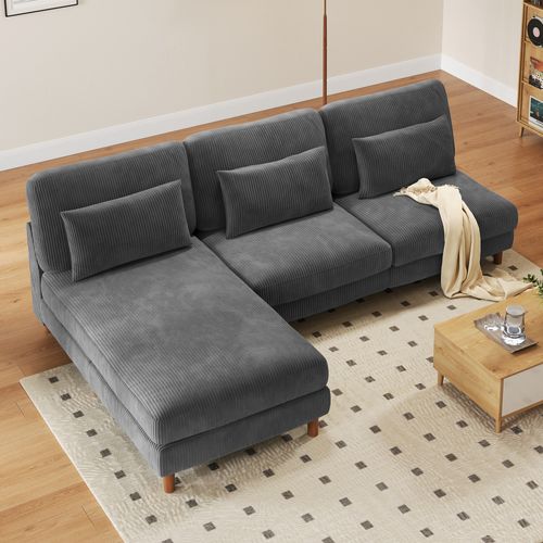 Canapé D'angle 3 Places + Chaise Longue En Velours Côtelé,256cm X 94cm X 88cm,gris