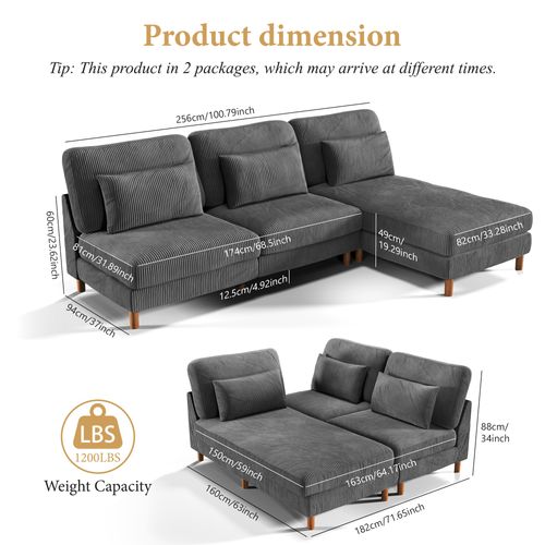 Canapé D'angle 3 Places + Chaise Longue En Velours Côtelé,256cm X 94cm X 88cm,gris